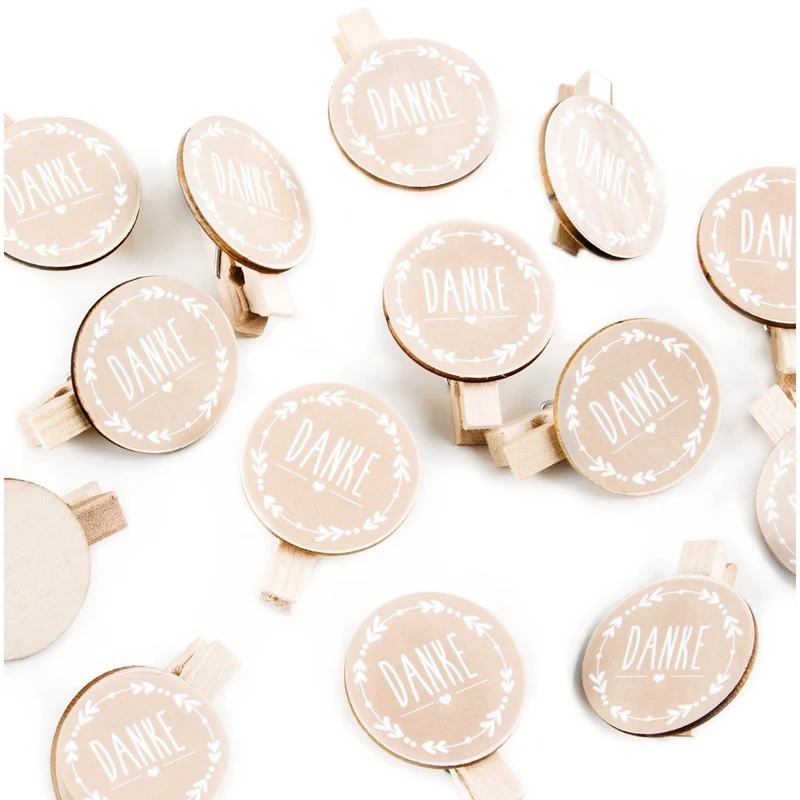 35 Danke Aufkleber beige weiß + Holzklammer - Dankeschön Geschenk Hochzeit DIY Vintage