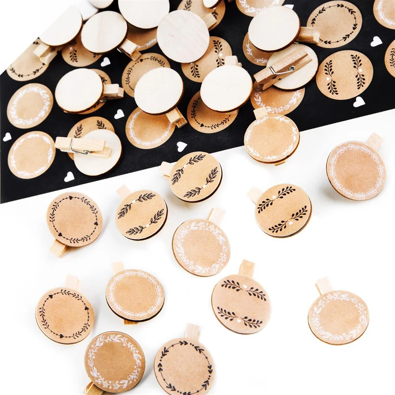 35 Etiketten in Kraftpapier-Optik braun mit Holzklammern 3,2 cm natur - DIY Dekoklammern Bastelzubehör beschreibbar