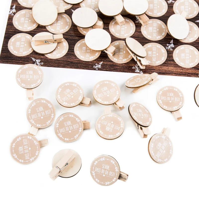 35 Schön dass du da bist Aufkleber mit Klammern aus Holz + Dekoklammer - Gastgeschenk Hochzeit DIY Vintage