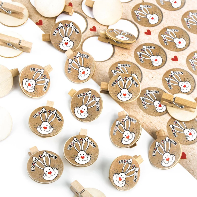 35 Mini Holzklammern + Osteraufkleber mit Osterhase Frohe Ostern - Osterdeko Verzierung Osterverpackung