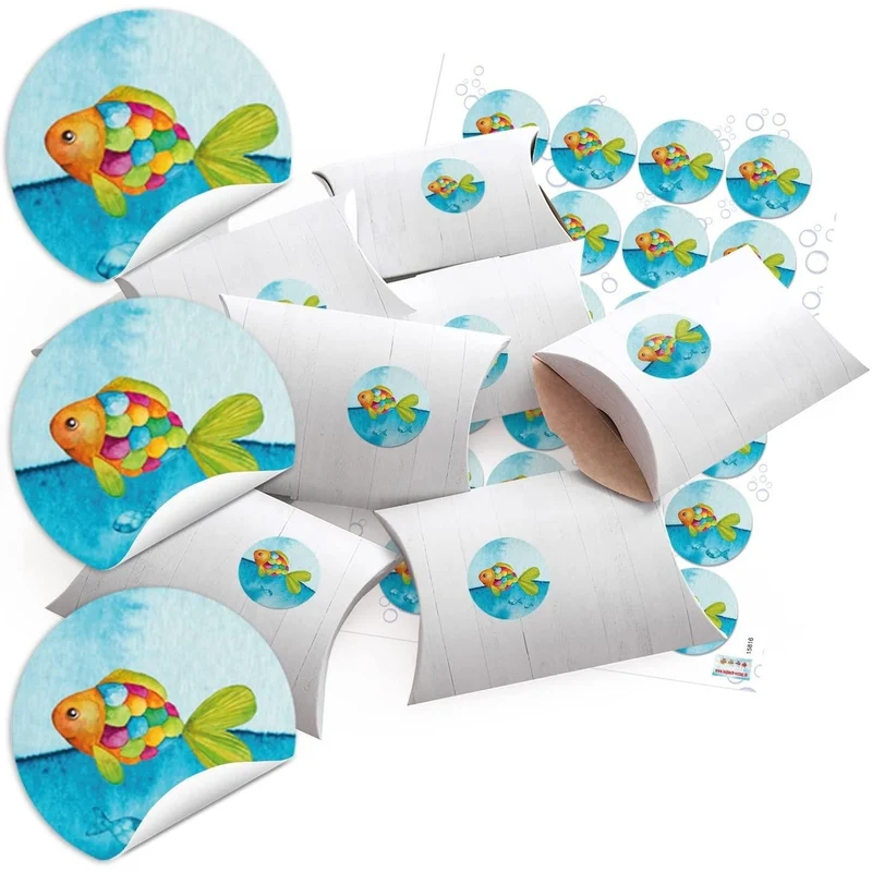 10 kleine Boxen Geschenkschachteln blau türkis REGENBOGEN-FISCHE Holz Optik weiß 14,5 x 10,5 cm ca. 3 cm + 24 runde Aufkleber - Verpackung Kinder Kommunion Geburtstag Taufe