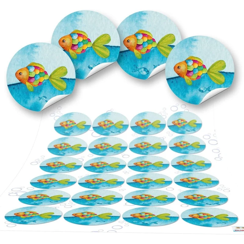 10 kleine Boxen Geschenkschachteln blau türkis REGENBOGEN-FISCHE Holz Optik weiß 14,5 x 10,5 cm ca. 3 cm + 24 runde Aufkleber - Verpackung Kinder Kommunion Geburtstag Taufe