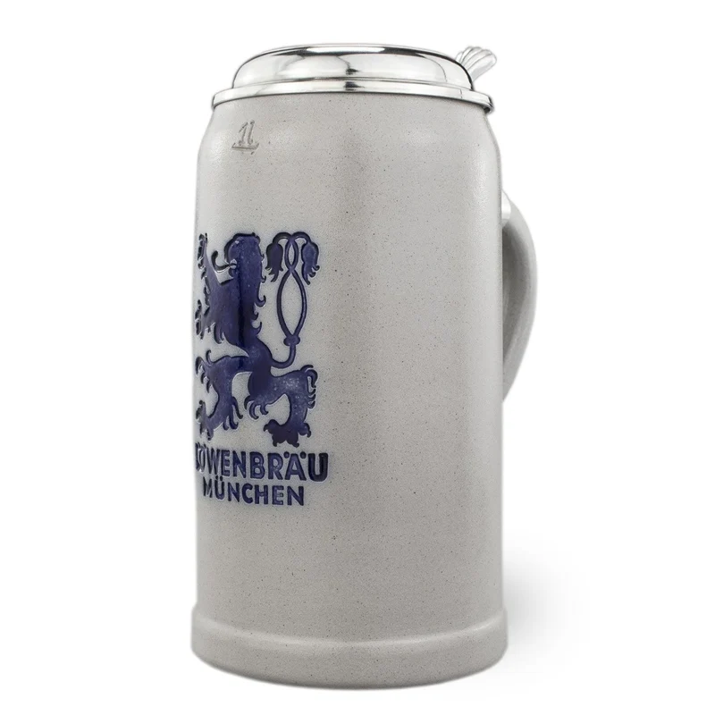 Steinkrug "Löwenbräu" salzglasiert mit Zinndeckel