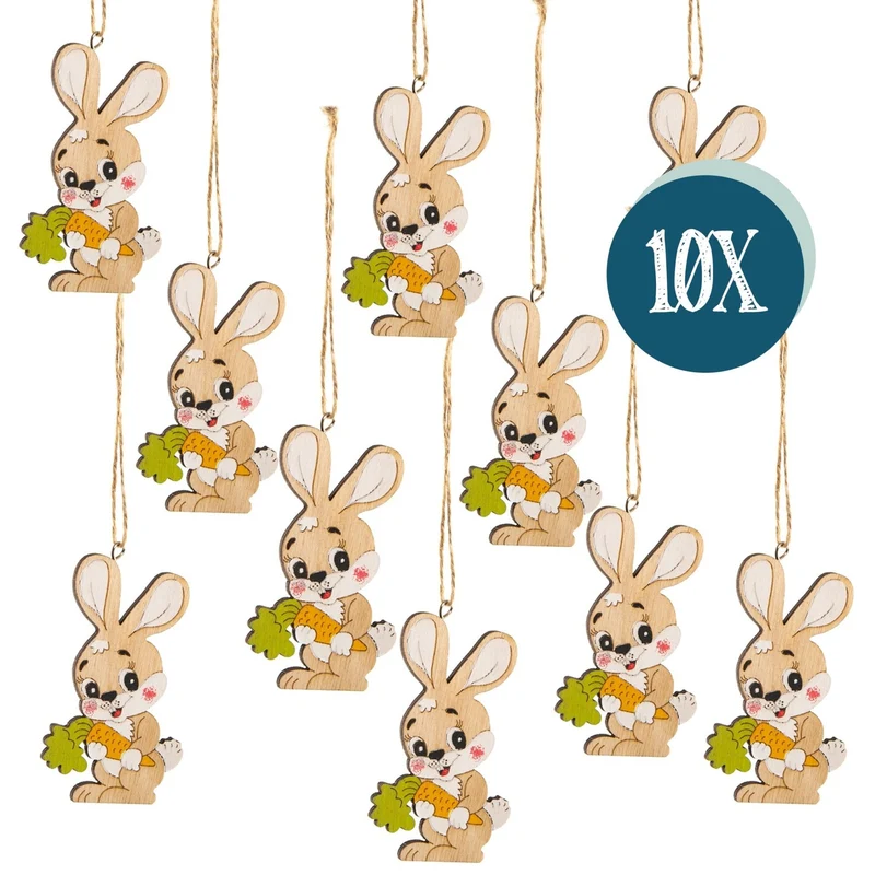 Logbuch-Verlag 10 Holzhasen Osteranhänger Natur bunt - Osterdeko natürlich kleines Geschenk Deko Ostern Osternest Osterhase Hase