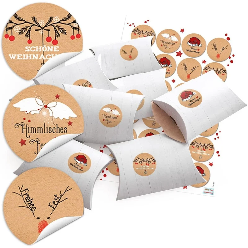24 Geschenkboxen flach weiß 14,5 x 10,5 x 3 cm mit 24 runden Weihnachtsaufklebern