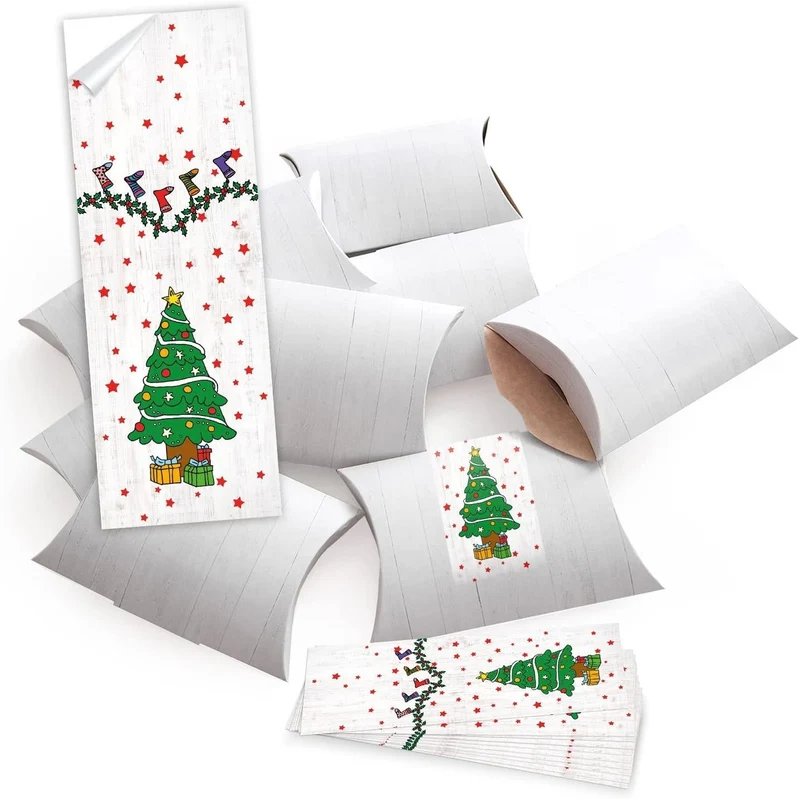 25 Geschenkboxen flach weiß 14,5 x 10,5 x 3 cm mit Banderolen „Weihnachtsbaum“ grün-rot