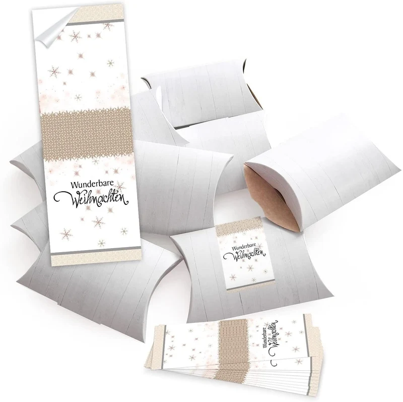 50 Geschenkboxen flach weiß 14,5 x 10,5 x 3 cm mit Banderole „Wunderbare Weihnachten“