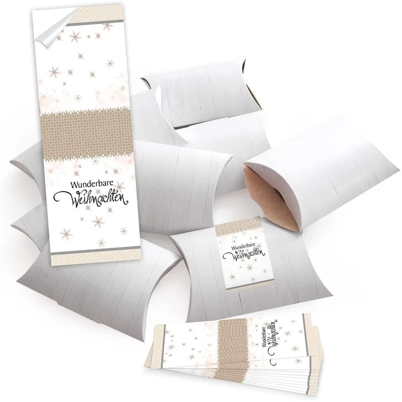 100 Geschenkboxen flach weiß 14,5 x 10,5 x 3 cm mit Banderole „Wunderbare Weihnachten“
