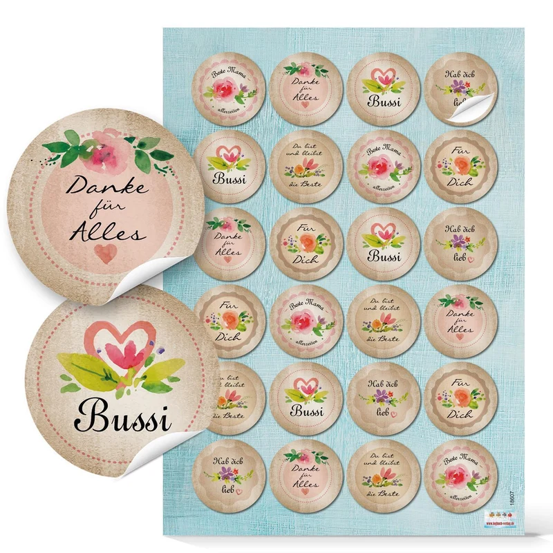 Logbuch-Verlag 48 Sprüche Aufkleber vintage beige bunt Blumen - Danke Liebe Freundschaft Statements - Muttertag Geschenkaufkleber