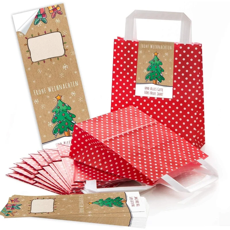 Rot-weiß gepunktete Henkeltüten 18 x 8 x 22 cm mit Weihnachtsbanderolen Mistelzweig & Co.