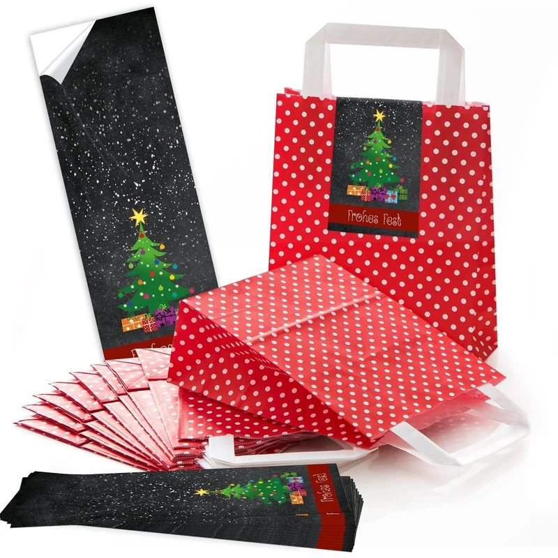 Rot-weiß gepunktete Henkeltüten 18 x 8 x 22 cm mit Weihnachtsbanderolen Mistelzweig & Co.