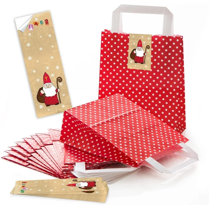 Rot-weiß gepunktete Henkeltüten 18 x 8 x 22 cm mit Weihnachtsbanderolen Nikolaus & Plätzchen