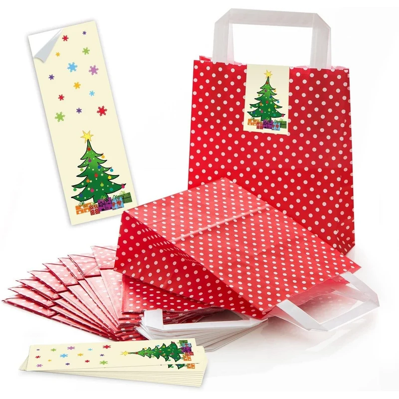 Rot-weiß gepunktete Henkeltüten 18 x 8 x 22 cm mit Weihnachtsbanderolen Nikolaus & Plätzchen
