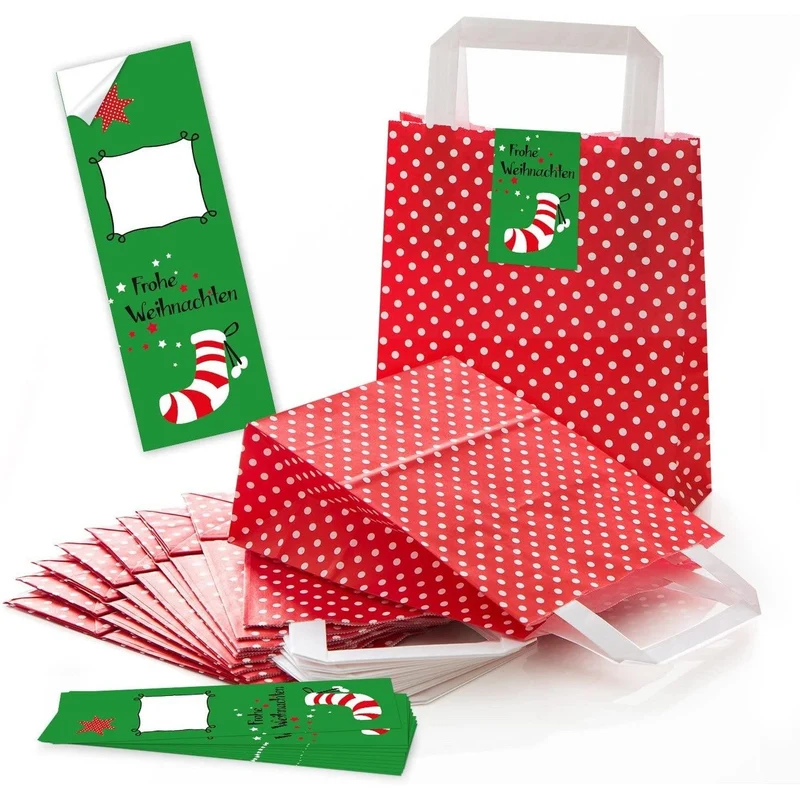 Rot-weiß gepunktete Henkeltüten 18 x 8 x 22 cm mit Weihnachtsbanderolen Nikolaus & Plätzchen