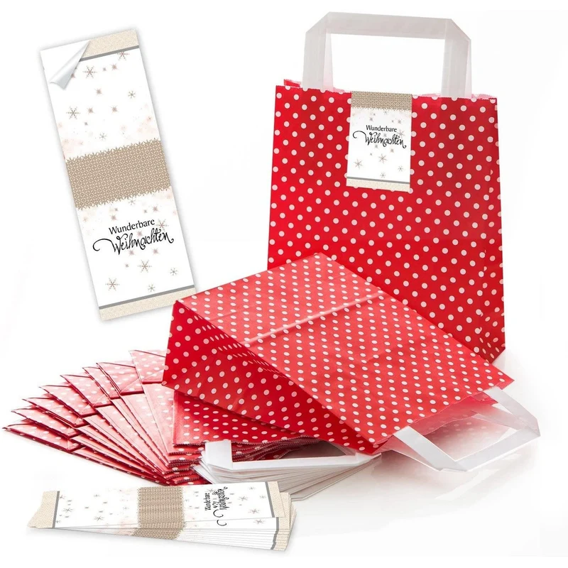 Rot-weiß gepunktete Henkeltüten 18 x 8 x 22 cm mit Weihnachtsbanderolen Nikolaus & Plätzchen