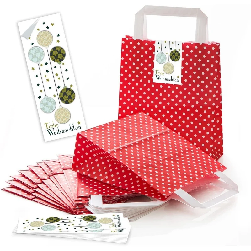 Rot-weiß gepunktete Henkeltüten 18 x 8 x 22 cm mit Weihnachtsbanderolen Nikolaus & Plätzchen