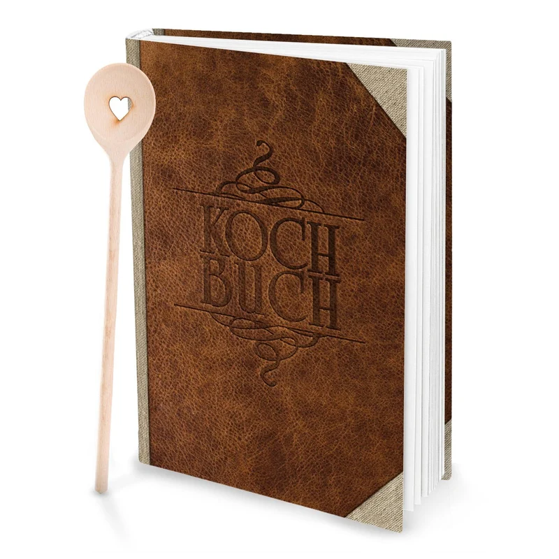 Geschenk-SET Rezeptbuch zum Selberschreiben LEDER-NOSTALGIE Look braun beige DIN A4 + HERZ Kochlöffel HARDCOVER Meine Rezepte Liebslingsrezepte Buch Einschreiben als Geschenk Küche Kochen