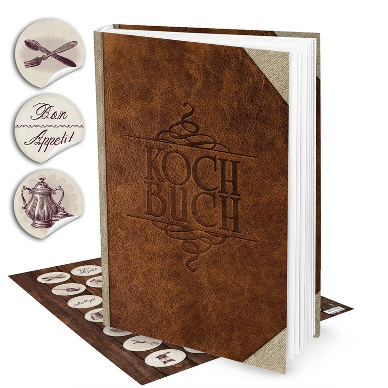 Geschenk-SET Rezeptbuch zum Selberschreiben LEDER-NOSTALGIE Look braun beige DIN A4 + HERZ Kochlöffel HARDCOVER Meine Rezepte Liebslingsrezepte Buch Einschreiben als Geschenk Küche Kochen
