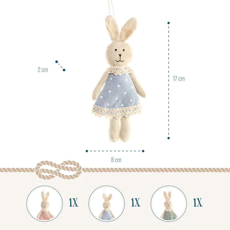 3 Osterhasen aus Stoff 17 cm mit Kleid in rosa, blau und grün