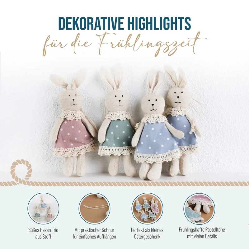 3 Osterhasen aus Stoff 17 cm mit Kleid in rosa, blau und grün