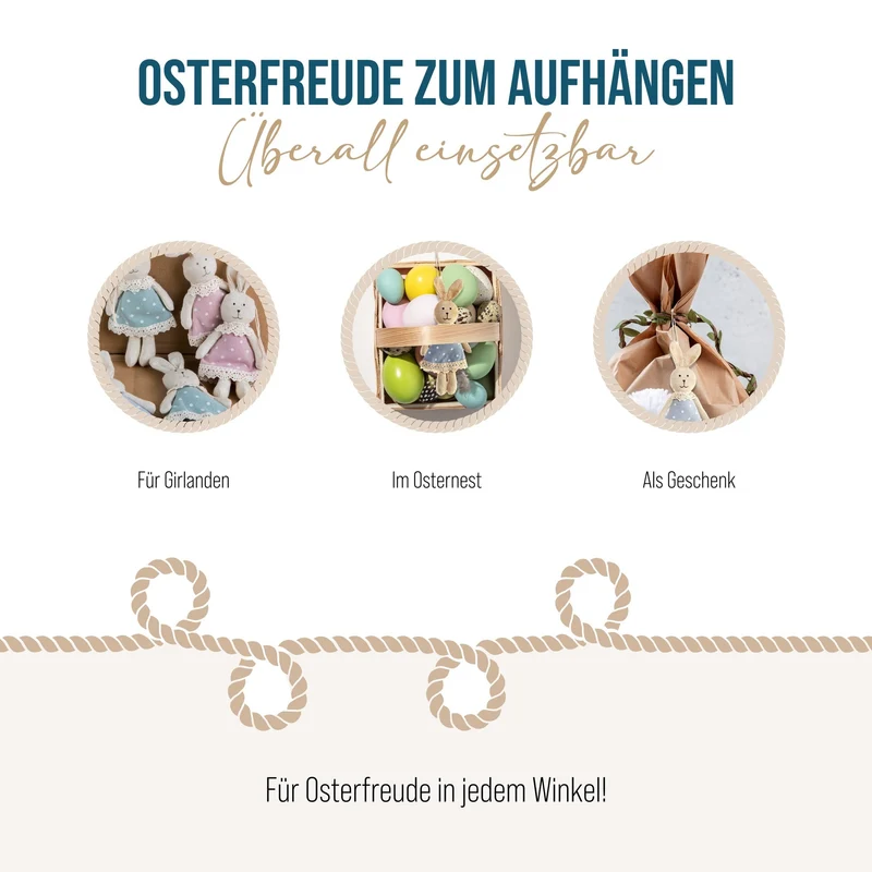 3 Osterhasen aus Stoff 17 cm mit Kleid in rosa, blau und grün