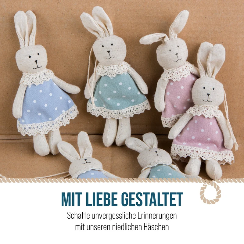 3 Osterhasen aus Stoff 17 cm mit Kleid in rosa, blau und grün