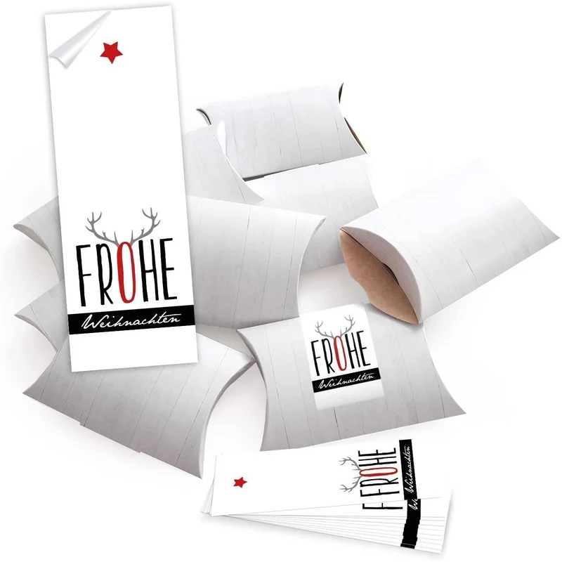 25 Geschenkboxen flach weiß 14,5 x 10,5 x 3 cm mit Banderole „Frohe Weihnachten“ Rentier