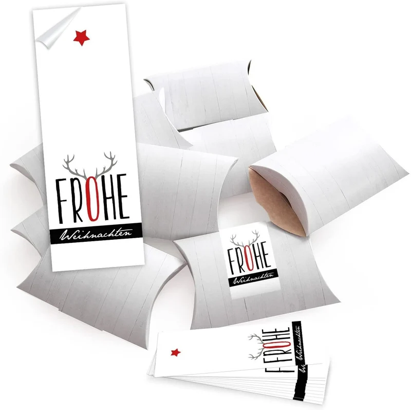10 Geschenkboxen flach weiß 14,5 x 10,5 x 3 cm mit Banderole „Frohe Weihnachten“ Rentier