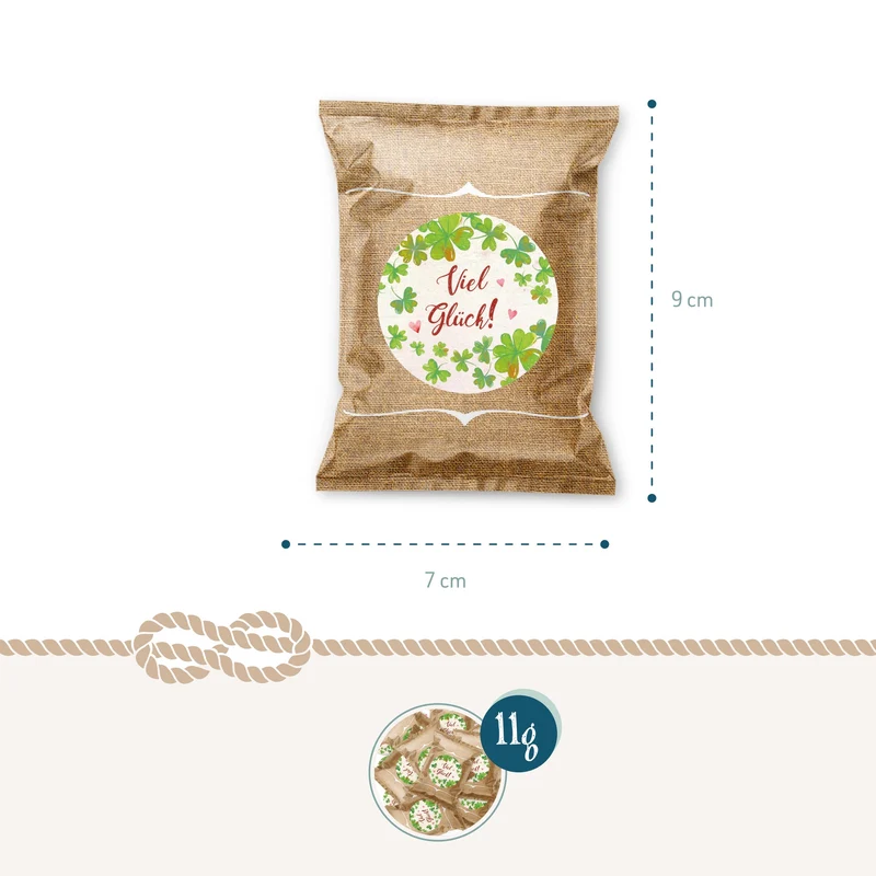 24 Fruchtgummi Tütchen Viel Glück beige braun – Glücksbringer Give-away zu Neujahr