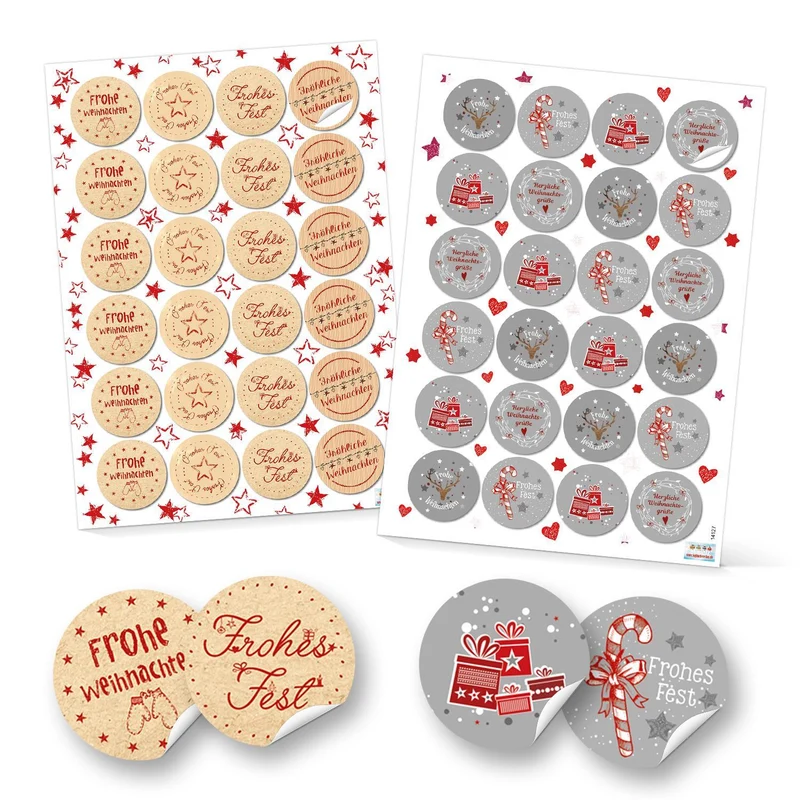 SET 4 x 24 FROHE WEIHNACHTEN Aufkleber Verpackung Zukleben von Papiertüten Geschenktüten weihnachtlich Deko Geschenkaufkleber rot grau natur weiß Sticker rund 4 cm Etiketten