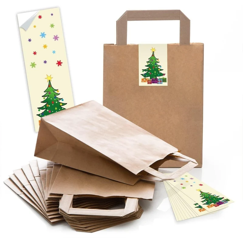 Braune Henkeltüten 18 x 8 x 22 cm mit Weihnachtsbanderolen, auch zum Beschriften