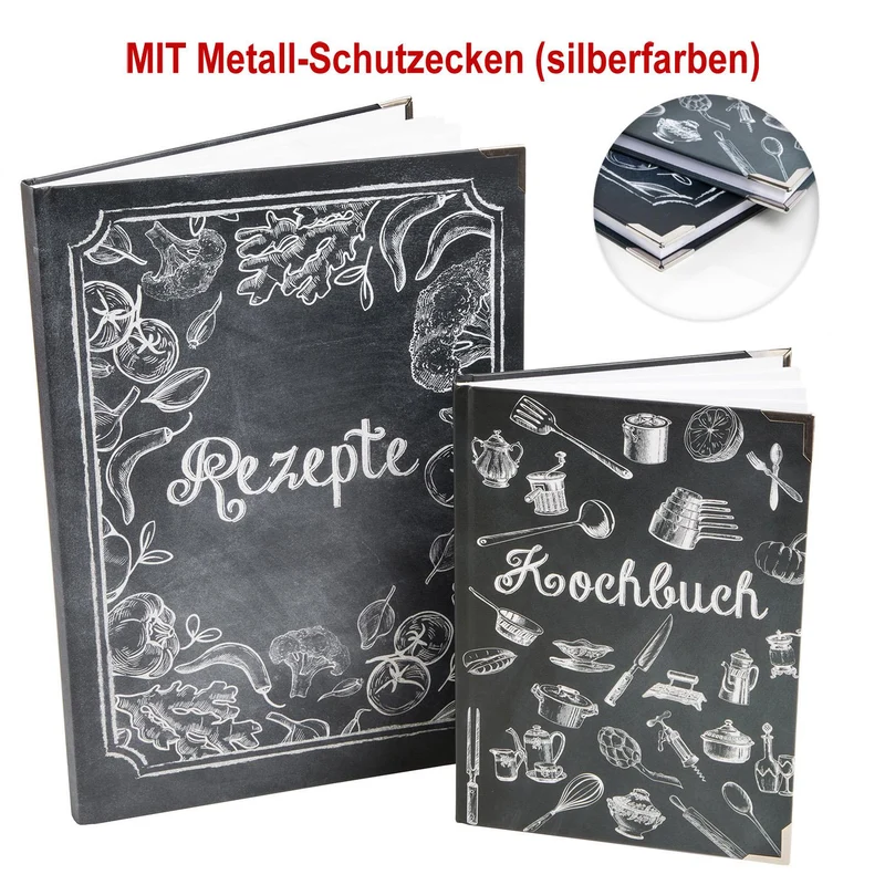 Logbuch-Verlag DIY Kochbücher SET schwarz weiß Tafelkreide-Stil A4 + A5 - leere Rezeptbücher für eigene Rezepte - Geschenkidee Weihnachten Geburtstag