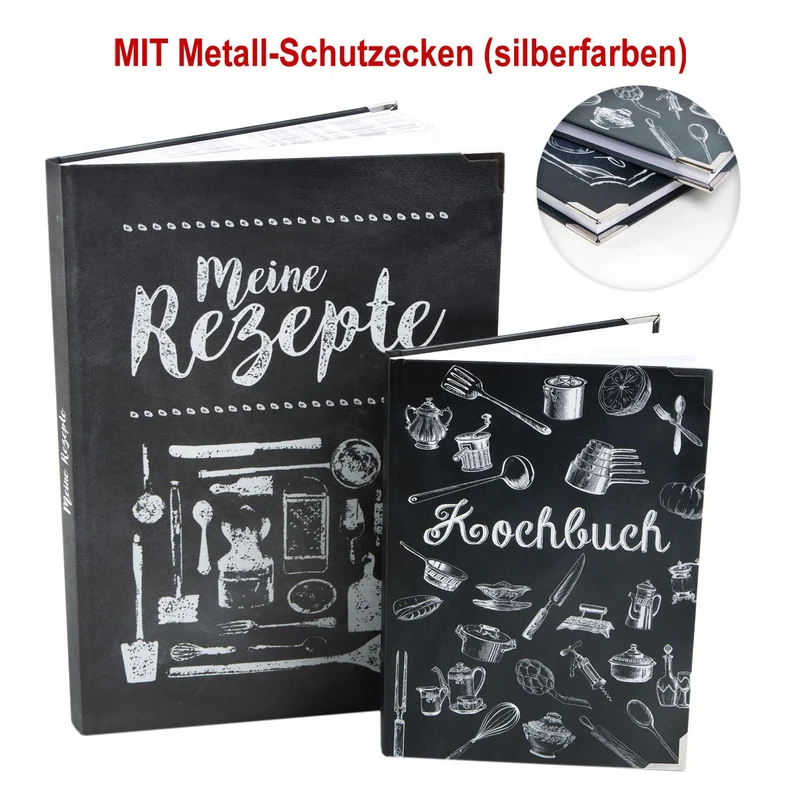 Rezeptbücher Set - 2 leere Kochbücher zum Selberschreiben A4 + A5 schwarz weiß
