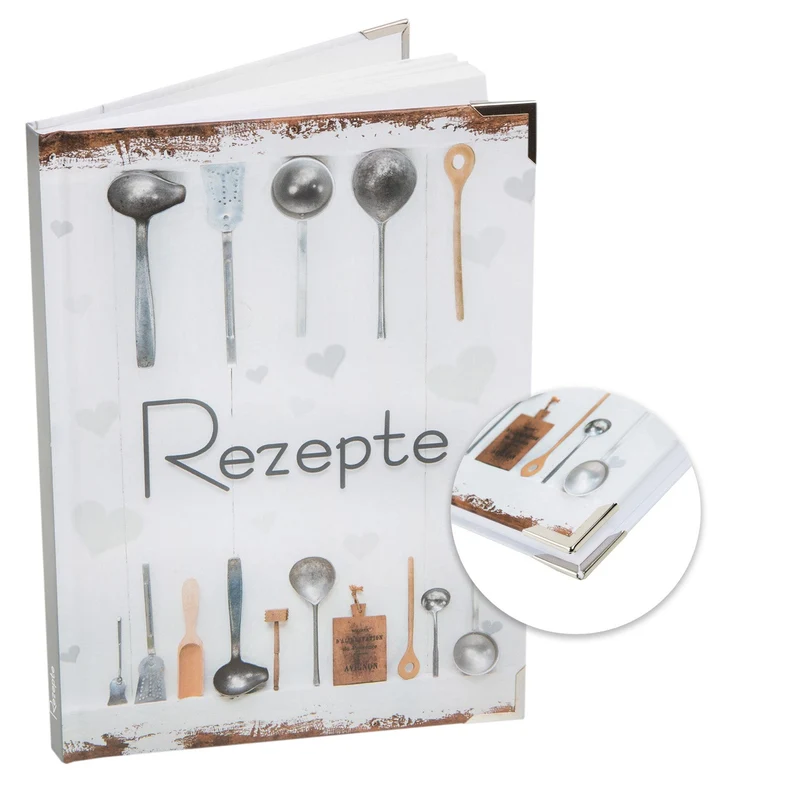 Kleines Rezeptbuch REZEPTE zum Selberschreiben weiß grau Shabby Chic mit Metallecken