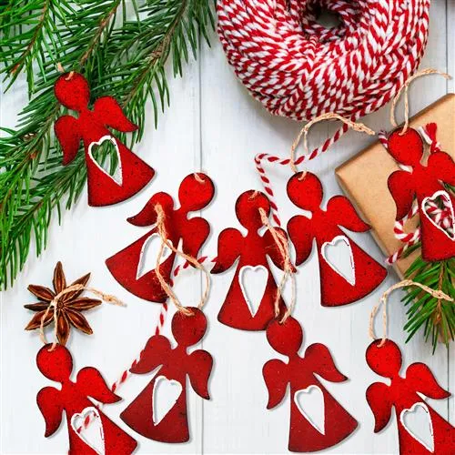 Weihnachtsanhänger Set - 5 Engel + 5 Bäume rot aus Metall - Geschenkanhänger Weihnachten