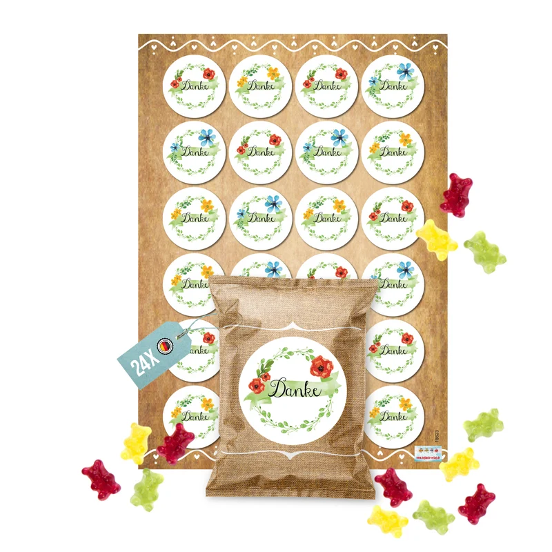 24 Gastgeschenke - Gummibärchen Tütchen mit DANKE Aufklebern in weiß blau grün