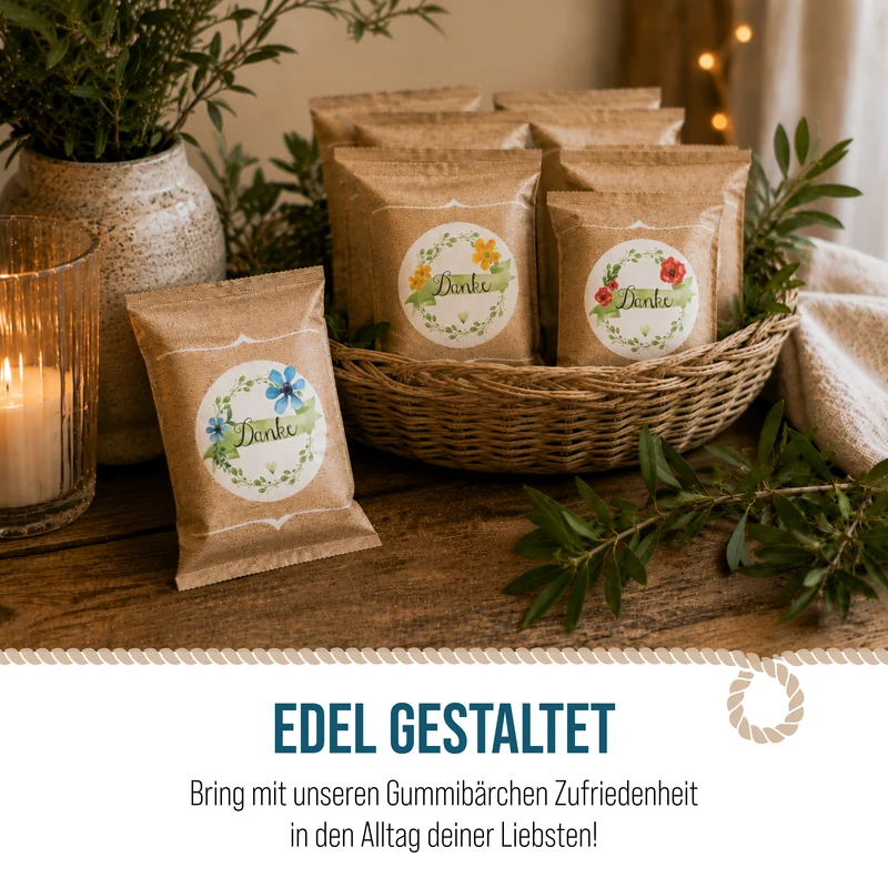 24 Gastgeschenke - Gummibärchen Tütchen mit DANKE Aufklebern in weiß blau grün