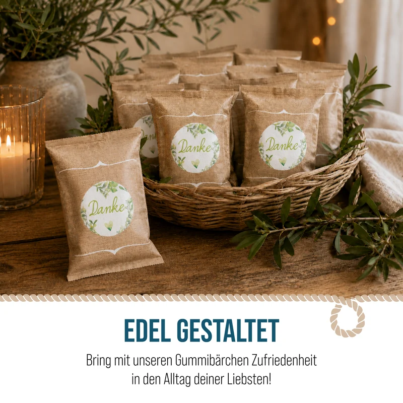 24 Fruchtgummi Tütchen Danke grün floral – Dankeschön Geschenke für Gäste und Kollegen