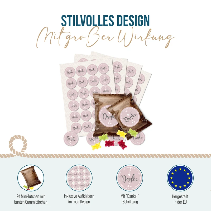 24 Fruchtgummi Tütchen Danke – kleine Dankeschön Geschenke für Gäste und Kollegen