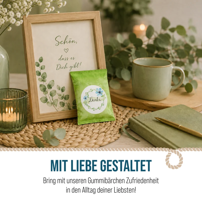 24 kleine Mini Geschenke zum Essen GUMMIBÄRCHEN mit Danke Stickern grün
