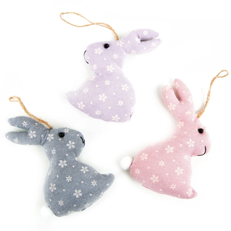 3 Osterhasen aus Stoff zum Aufhängen - vintage Osterdeko rosa lila blau