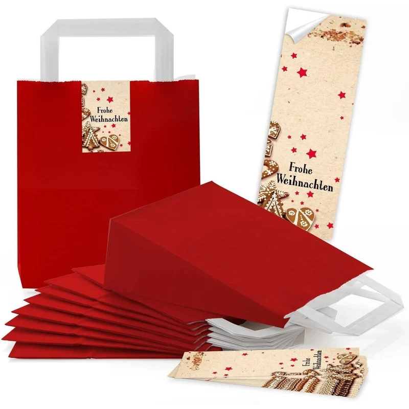 Rote Henkeltüten 18 x 8 x 22 cm mit Weihnachtsbanderolen in vielen Motiven