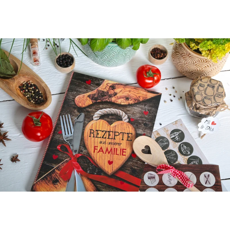 DIY Rezeptbuch REZEPTE AUS UNSERER FAMILIE braun rot DIN A4 mit Metallecken - Familienrezepte aufschreiben