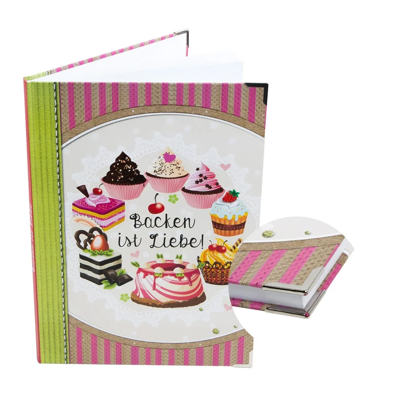 Backbuch A4 zum Selberschreiben mit leeren Seiten DIN A4 BACKEN IST LIEBE rosa beige mit Metallecken