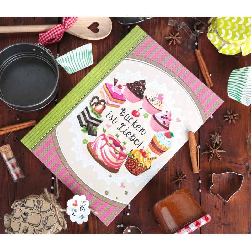 Backbuch A4 zum Selberschreiben mit leeren Seiten DIN A4 BACKEN IST LIEBE rosa beige mit Metallecken