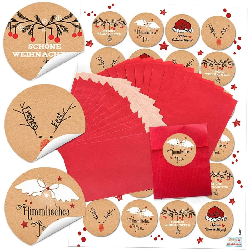 Rote Flachbeutel aus Papier in drei Größen mit runden Weihnachtsaufklebern