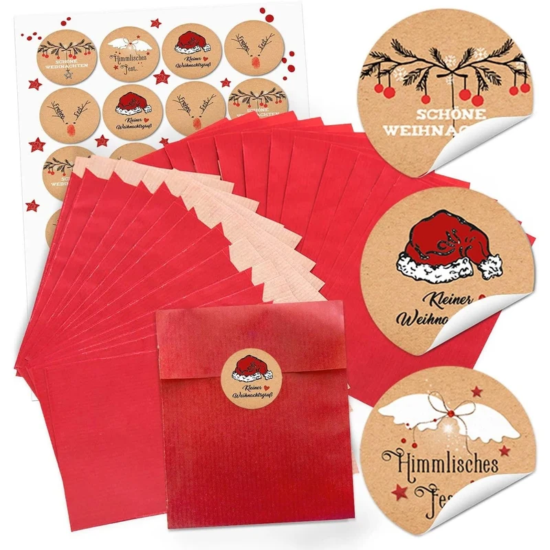 Rote Flachbeutel aus Papier in drei Größen mit runden Weihnachtsaufklebern
