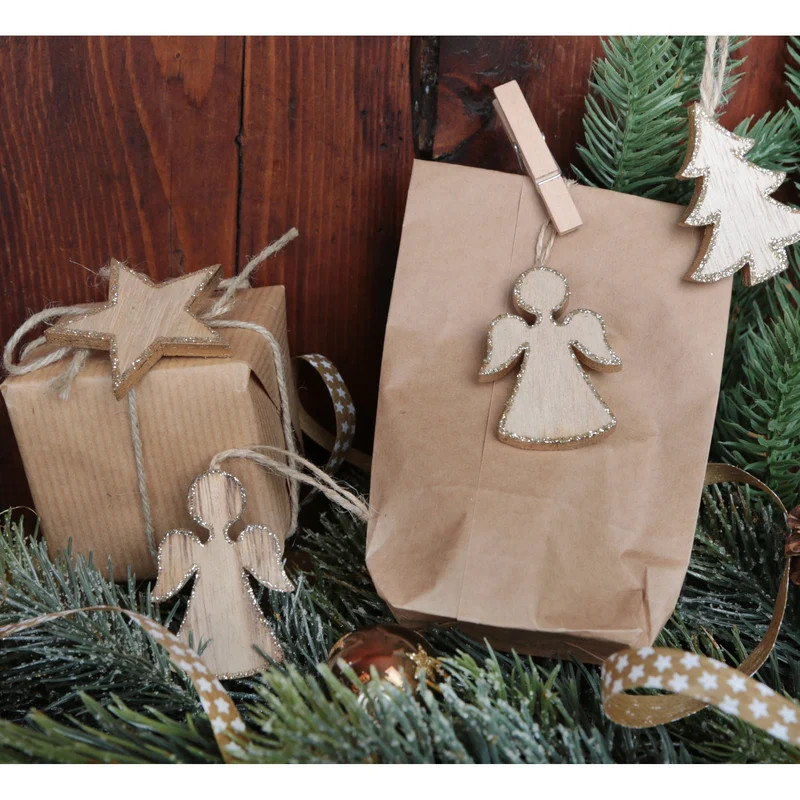 12 Holzanhänger zu Weihnachten - Baum + Stern + Engel - natur braun glitzernd 5 cm