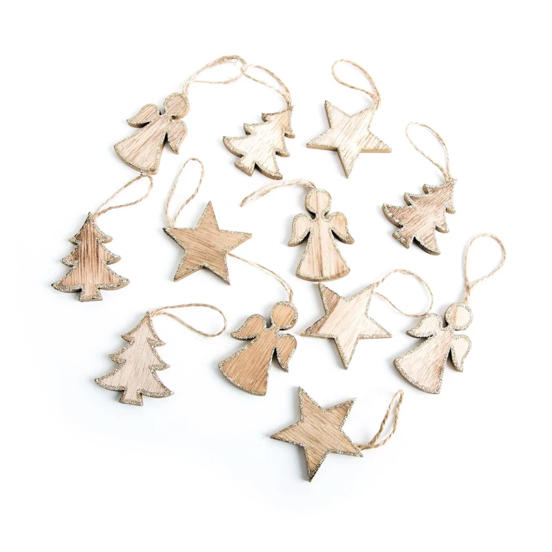 12 Holzanhänger zu Weihnachten - Baum + Stern + Engel - natur braun glitzernd 5 cm