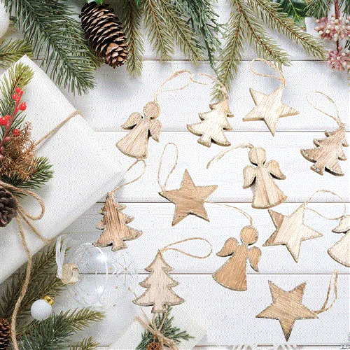 12 Holzanhänger zu Weihnachten - Baum + Stern + Engel - natur braun glitzernd 5 cm